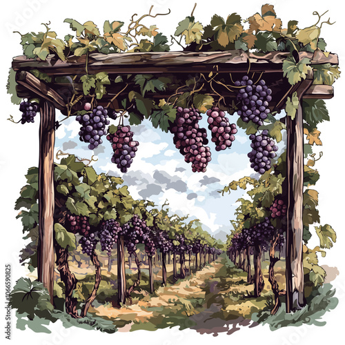 Illustration of a vineyard with grapes on a white background. 