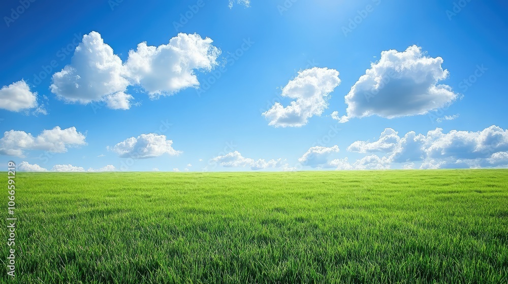 Serene Green Field Under Blue Sky with Fluffy Clouds Serene Green Field Under Blue Sky with Fluffy Clouds