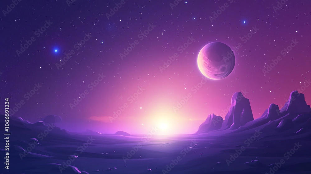 Fototapeta premium Scenic alien landscape featuring a distant planet and sparkling stars during twilight