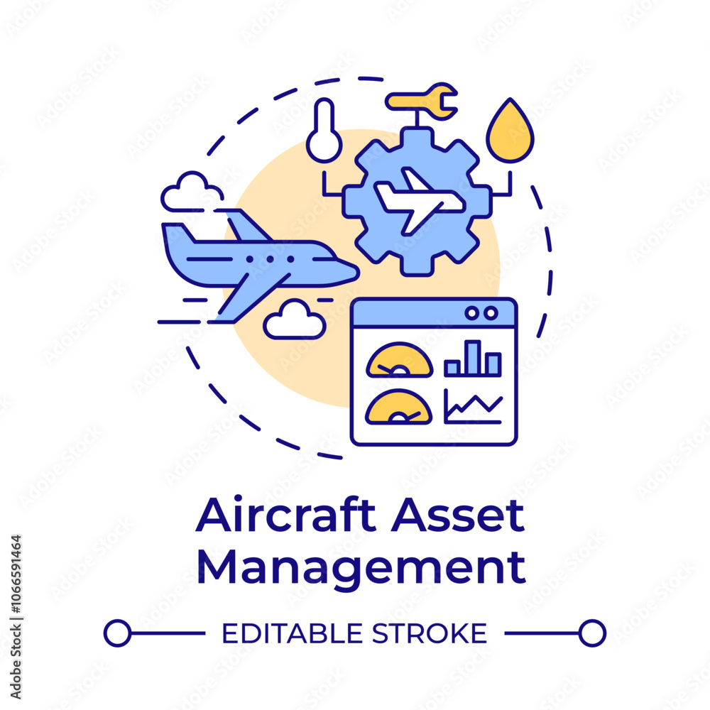 Fototapeta premium Aircraft asset management multi color concept icon. Airplane maintenance, engineering. Round shape line illustration. Abstract idea. Graphic design. Easy to use in infographic, presentation