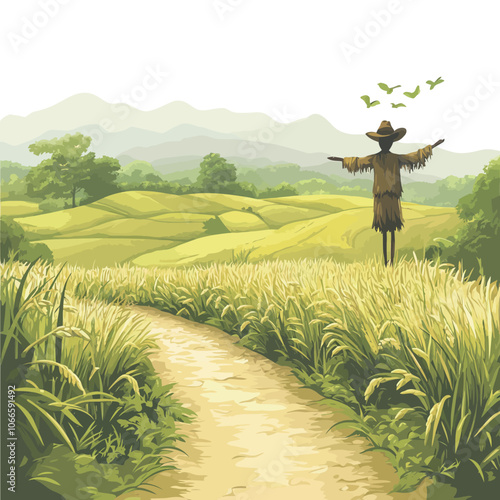 illustration of rice field and scarecrow on a background of mountain