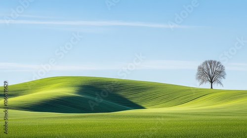 Tranquil Green Hills with a Lonely Tree