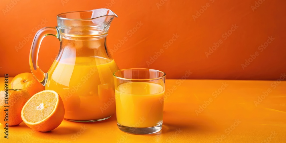 Freshly squeezed orange juice in a glass and pitcher with oranges in the background Freshly squeezed orange juice in a glass and pitcher with oranges in the background