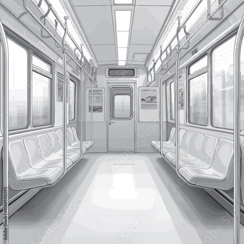 Interior of a modern subway car with white seats. Vector illustration. 
