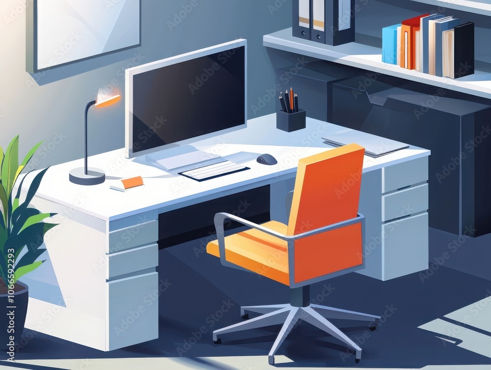Clean of a modern office desk setup featuring ergonomic design and minimalist aesthetics Clean of a modern office desk setup featuring ergonomic design and minimalist aesthetics