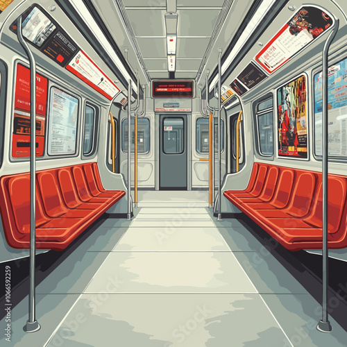 Interior of a subway car with empty seats. Vector illustration. 