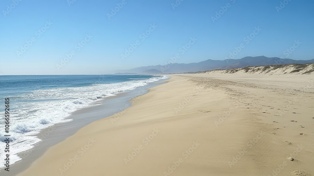 Serene Beach with Clear Blue Sky and Gentle Waves Serene Beach with Clear Blue Sky and Gentle Waves