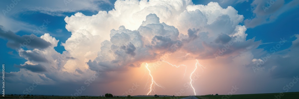Lightning strikes through a large, dark cloud in the sky over a rural field Lightning strikes through a large, dark cloud in the sky over a rural field
