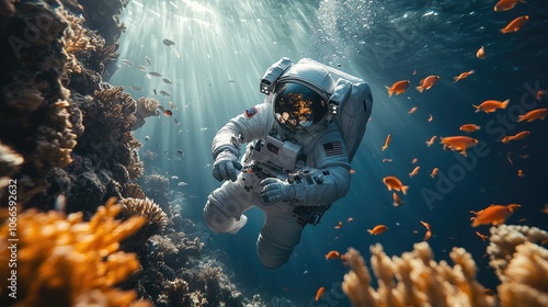 Fototapeta Naklejka Na Ścianę i Meble -  A lone astronaut floats underwater, surrounded by coral reefs and fish, as sunlight streams down from above.
