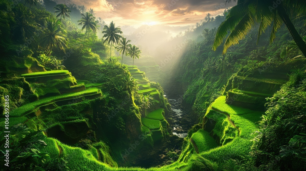 Lush Green Terraced Rice Fields in Tropical Landscape Lush Green Terraced Rice Fields in Tropical Landscape