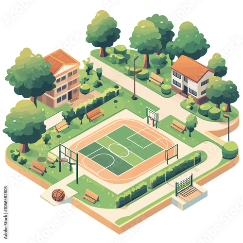 Isometric basketball court with trees and lawns. Vector illustration. 