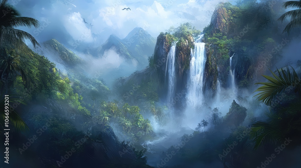 Lush Mountain Landscape with Waterfall and Fog Lush Mountain Landscape with Waterfall and Fog