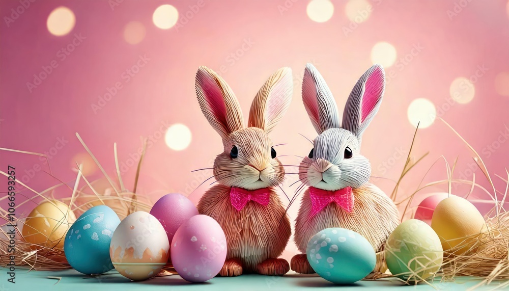 Rabbit dolls made of rice straw with Easter eggs painted is on a pink background Rabbit dolls made of rice straw with Easter eggs painted is on a pink background