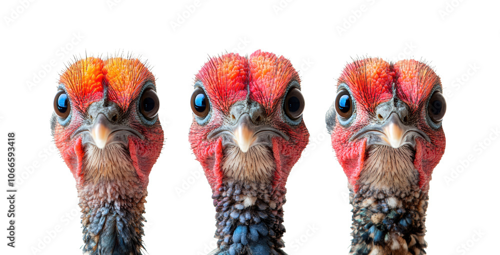 Fototapeta premium Close-up portrait of three exotic turkeys with unique vibrant feathers, isolated on transparent background, wildlife animal details, colorful plumage, bird species, nature collection