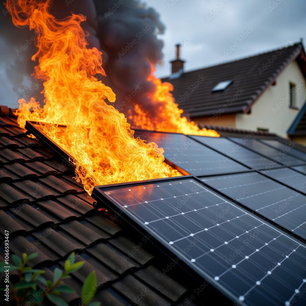 Solar Panel Fire Hazard. Intense flames engulf rooftop solar panels on