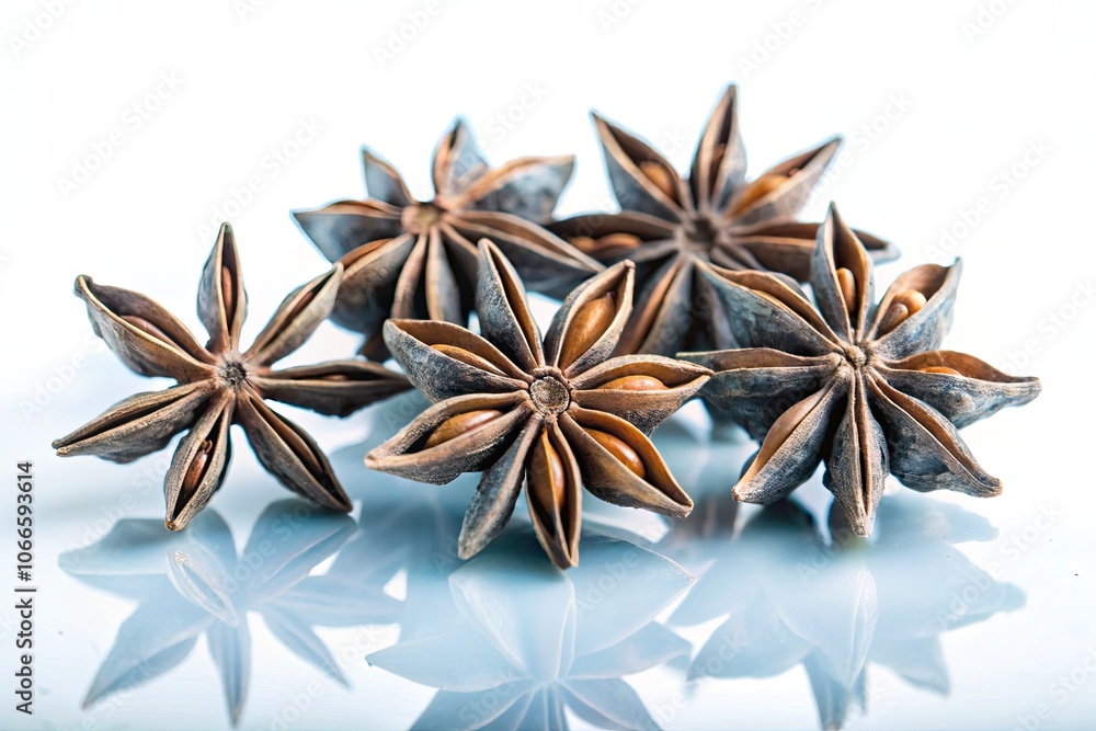 Whole star anise spice on a reflective white background Whole star anise spice on a reflective white background