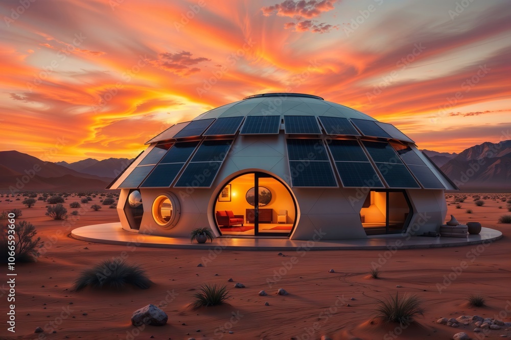 Fototapeta premium Solar-powered dome house. A futuristic, solar-powered dome house in a desert landscape at sunset.