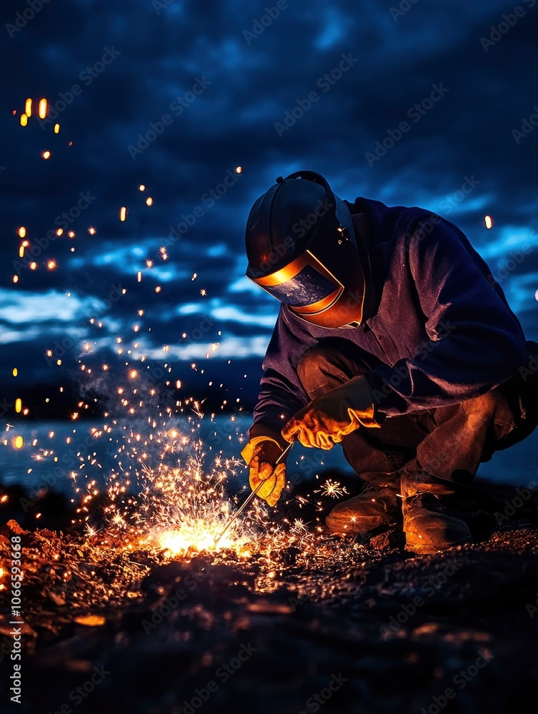 Welder in an industrial workshop, sparks flying as he works, intense concentration, welding helmet Welder in an industrial workshop, sparks flying as he works, intense concentration, welding helmet