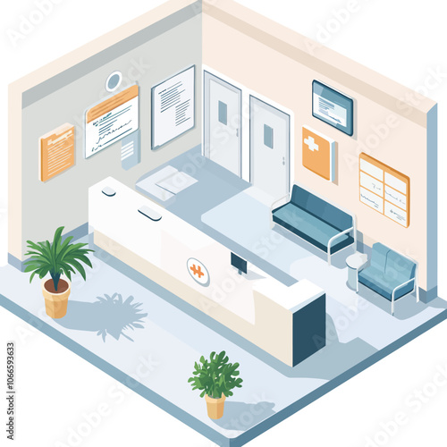 Isometric hospital interior with reception desk, receptionist and bed. Vector illustration
