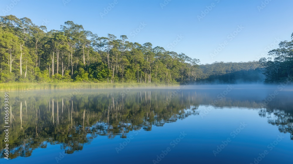 Serene Lake with Mist and Reflected Trees in Morning Light Serene Lake with Mist and Reflected Trees in Morning Light