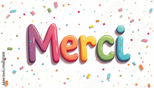 Colorful "Merci" inscription surrounded by confetti on a bright white background