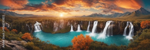 Beautiful waterfall from mountain peak landscape Cloudy sky