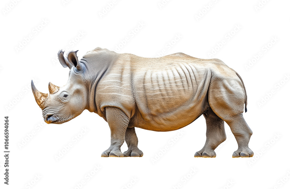Powerful white rhinoceros with thick skin and prominent horn, isolated on transparent background, endangered species, wildlife conservation, large animal, African wildlife, safari icon Powerful white rhinoceros with thick skin and prominent horn, isolated on transparent background, endangered species, wildlife conservation, large animal, African wildlife, safari icon