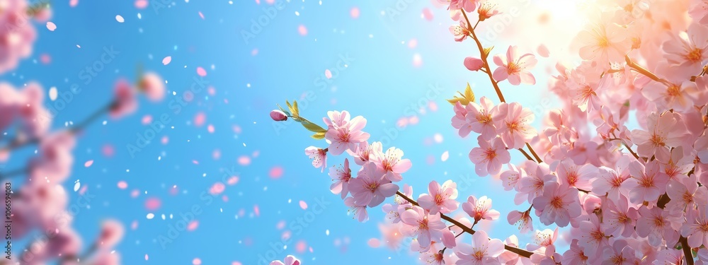 Cherry blossoms bloom against a clear blue sky as sunlight softly illuminates the delicate pink petals in spring Cherry blossoms bloom against a clear blue sky as sunlight softly illuminates the delicate pink petals in spring
