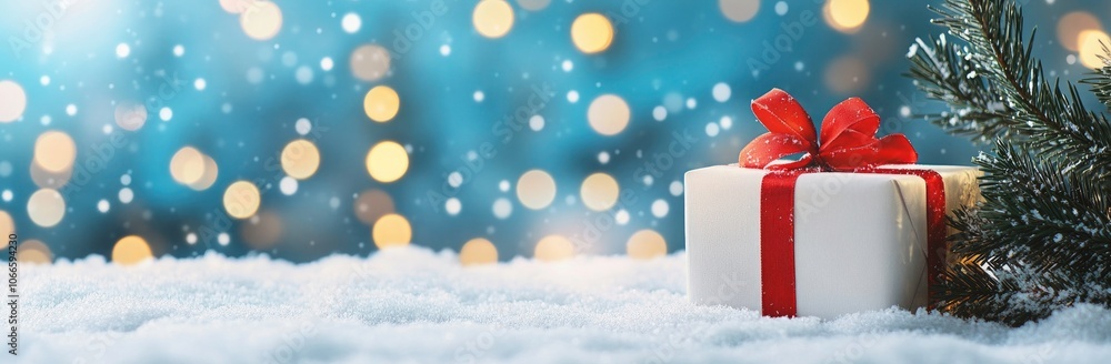 White Christmas Gift with Red Bow on Snowy Background with copy space. A white gift box tied with a vibrant red ribbon sits nestled in fresh snow against a backdrop of twinkling lights and a snow-dust White Christmas Gift with Red Bow on Snowy Background with copy space. A white gift box tied with a vibrant red ribbon sits nestled in fresh snow against a backdrop of twinkling lights and a snow-dust