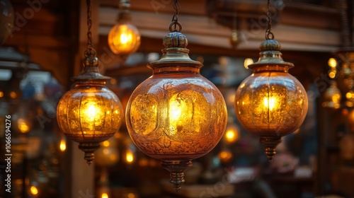 Amber Glass Hanging Lanterns Illuminated Market Decor Warm Lighting