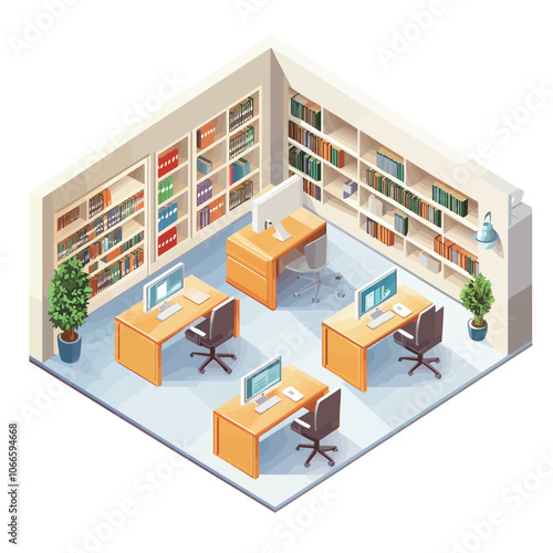 Wallpaper Mural Isometric library interior with bookshelves and tables. Vector illustration.  Torontodigital.ca