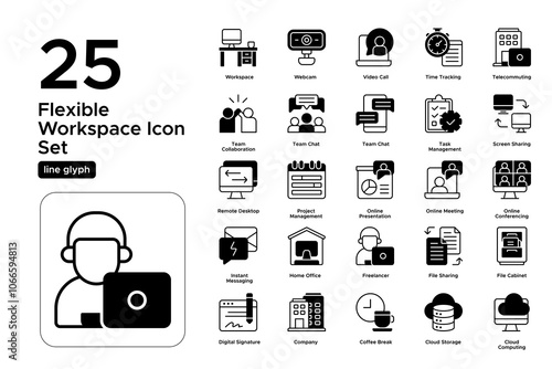 Flexible Workspace Line Glyph Icon Set: Customizable Offices, Remote Work Setup, and Adaptive Workspaces Icons