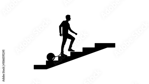 man with weight metal ball on shackles , black isolated silhouette