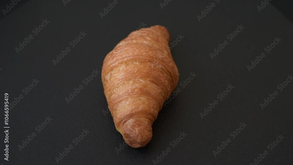 Golden crispy croissant with a sweet creamy fruit filling. Sweets for morning breakfast Golden crispy croissant with a sweet creamy fruit filling. Sweets for morning breakfast