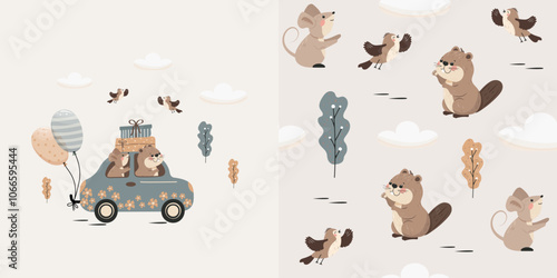 Children's set. Background and seamless pattern with cute animals riding in a car. Vector design for baby bedding, fabric, wallpaper, wrapping paper and more.