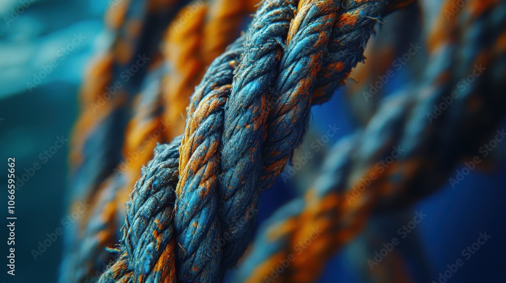 Twisted ropes are secured on a fishing boat, resting at the harbor. The early morning light enhances the texture of the weathered fibers. Waves gently ripple in the background. Twisted ropes are secured on a fishing boat, resting at the harbor. The early morning light enhances the texture of the weathered fibers. Waves gently ripple in the background.