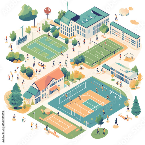 Isometric school building with children playing tennis and basketball vector illustration. 