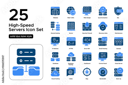 High-Speed Servers Solid Duo Tone Icon Set: Fast Connections, Reliable Hosting, and Web Hosting Solutions Icons

