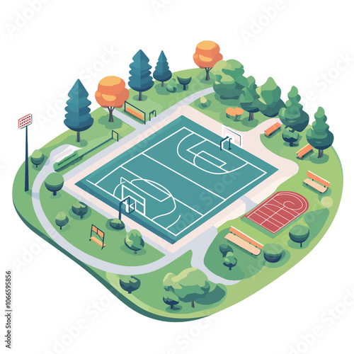 Isometric sports ground with track and field on white background. Vector illustration. 