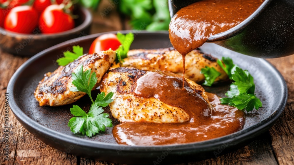 Traditional Mexican Mole Sauce Poured Over Chicken Traditional Mexican Mole Sauce Poured Over Chicken