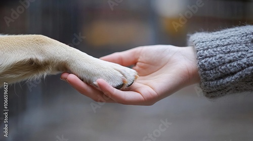 Concept of volunteering at animal shelters hand and dog paw 