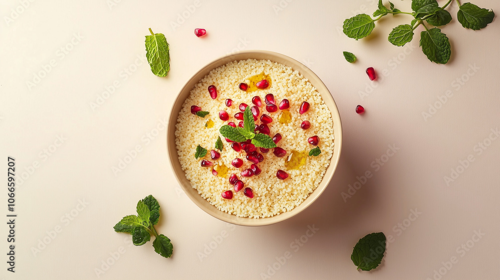 Couscous Salad with Pomegranate and Fresh Mint Leaves, Flat Lay Couscous Salad with Pomegranate and Fresh Mint Leaves, Flat Lay