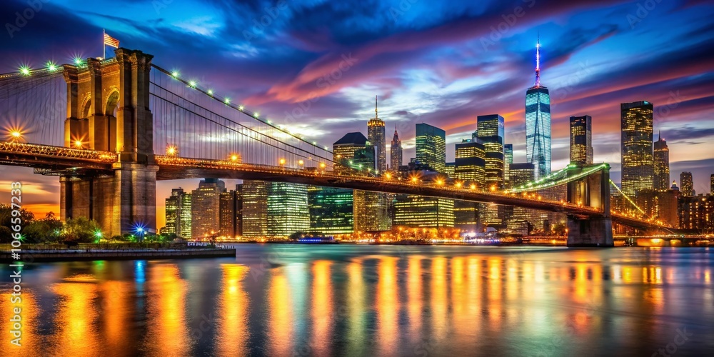 Fototapeta premium Captivating Nighttime View of Brooklyn Bridge with Illuminated Skyscrapers in Slow Motion - Urban Exploration Photography in NYC