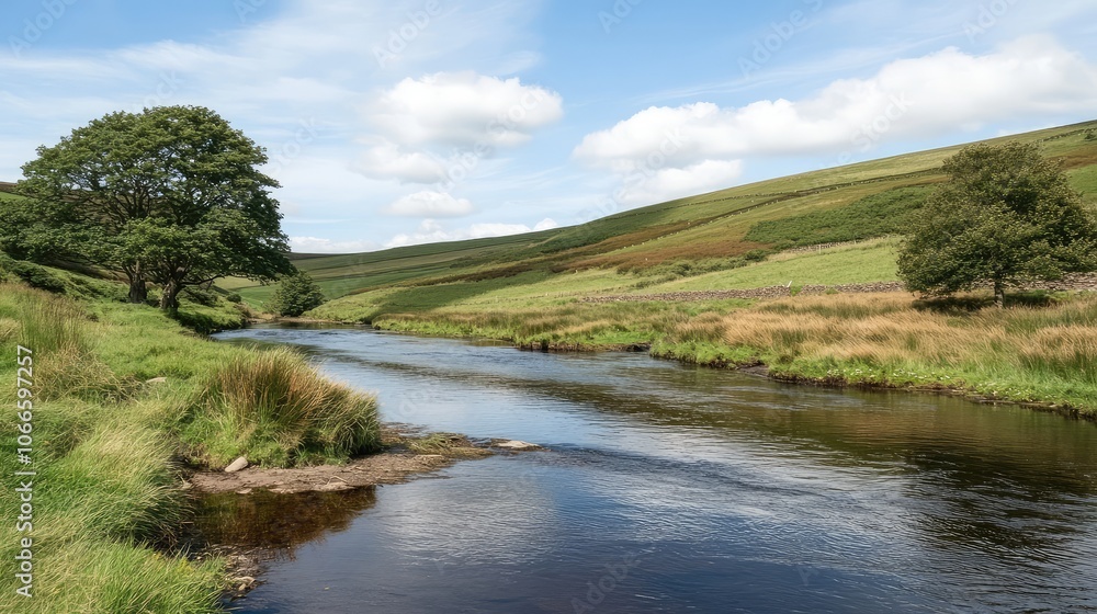 Obraz premium Serene River Flowing Through Lush Green Landscape