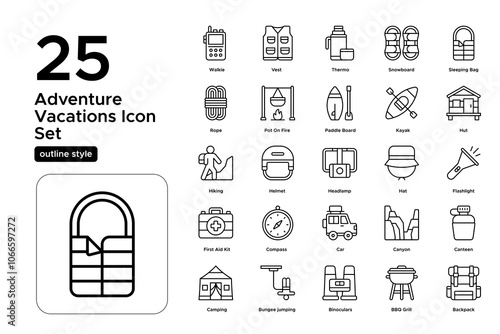 Adventure Vacations Outline Icon Set: Getaways, Adventure Travel, and Outdoor Activities Icons