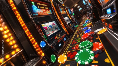 Professional casino advertising photo of a row of slot machines with bright