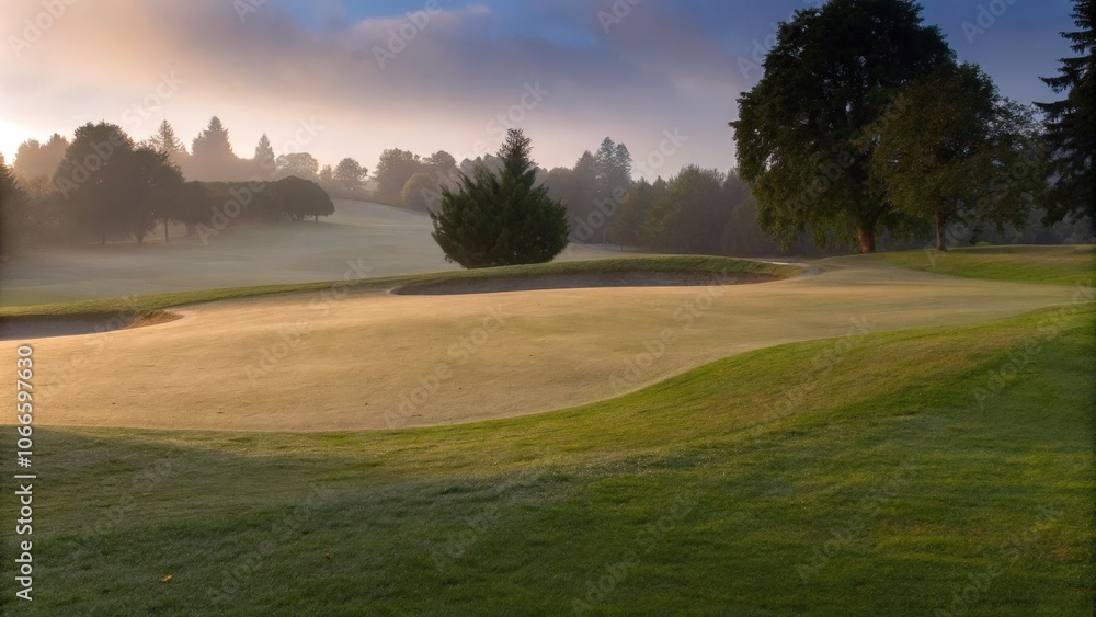 Morning mist on a tranquil golf course landscape Morning mist on a tranquil golf course landscape