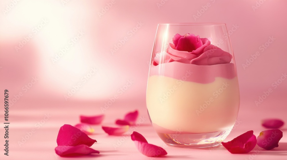 Elegant Vanilla and Rose Mousse in Glass with Garnish Elegant Vanilla and Rose Mousse in Glass with Garnish