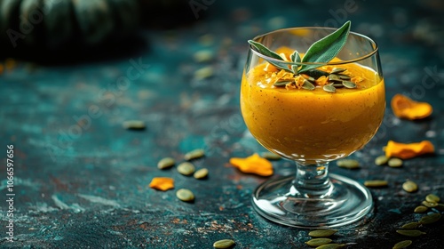 Pumpkin Sage Amuse Bouche in Glass Garnished with Seeds photo