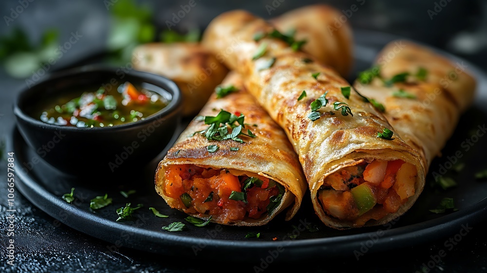 Two thin dosa rolls with Indian food filling Two thin dosa rolls with Indian food filling